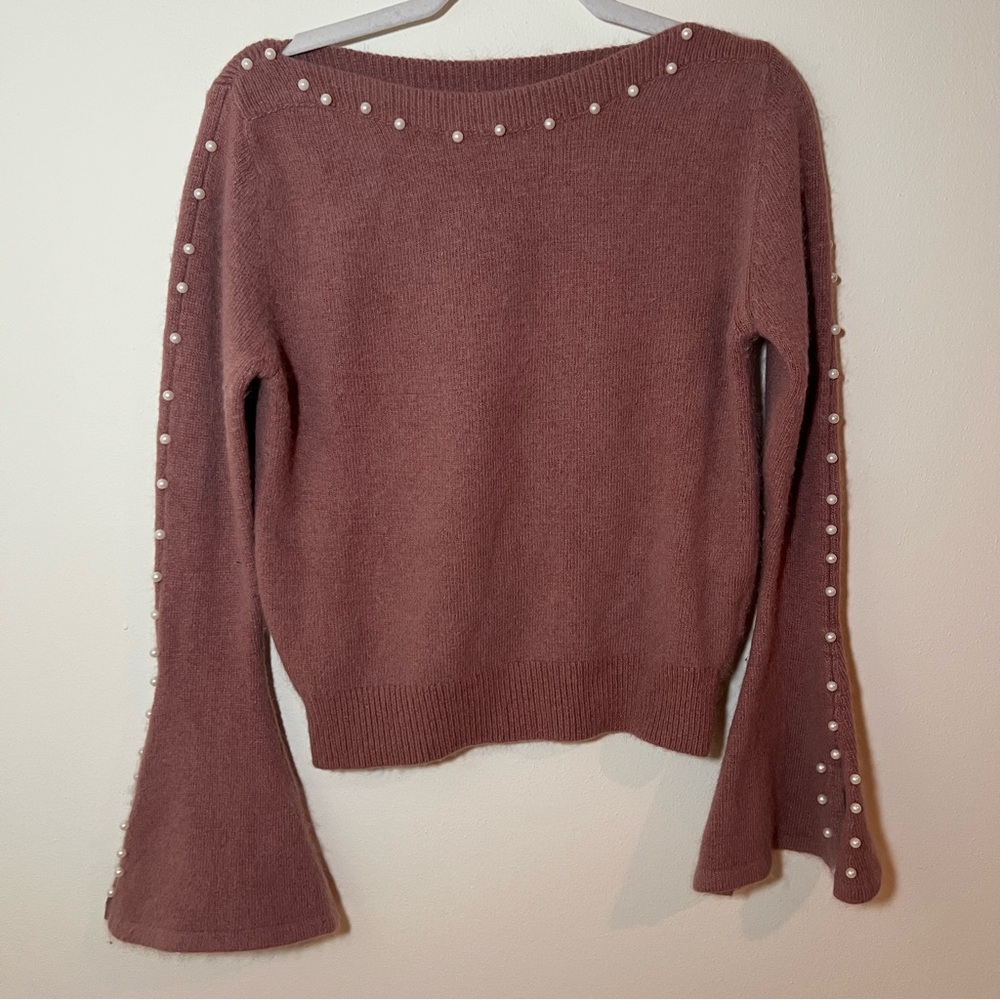 Vintage Korean Mohair Blend Pearls Pink Sweater Flared Sleeves Size S